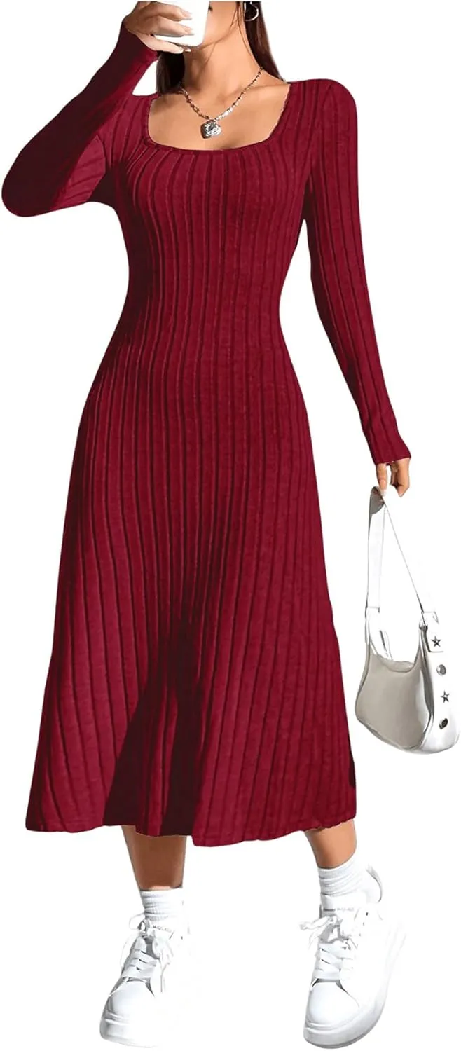 OYOANGLE Women's Square Neck Long Sleeve A Line Sweater Dress Ribbed Knit Solid Midi Dresses