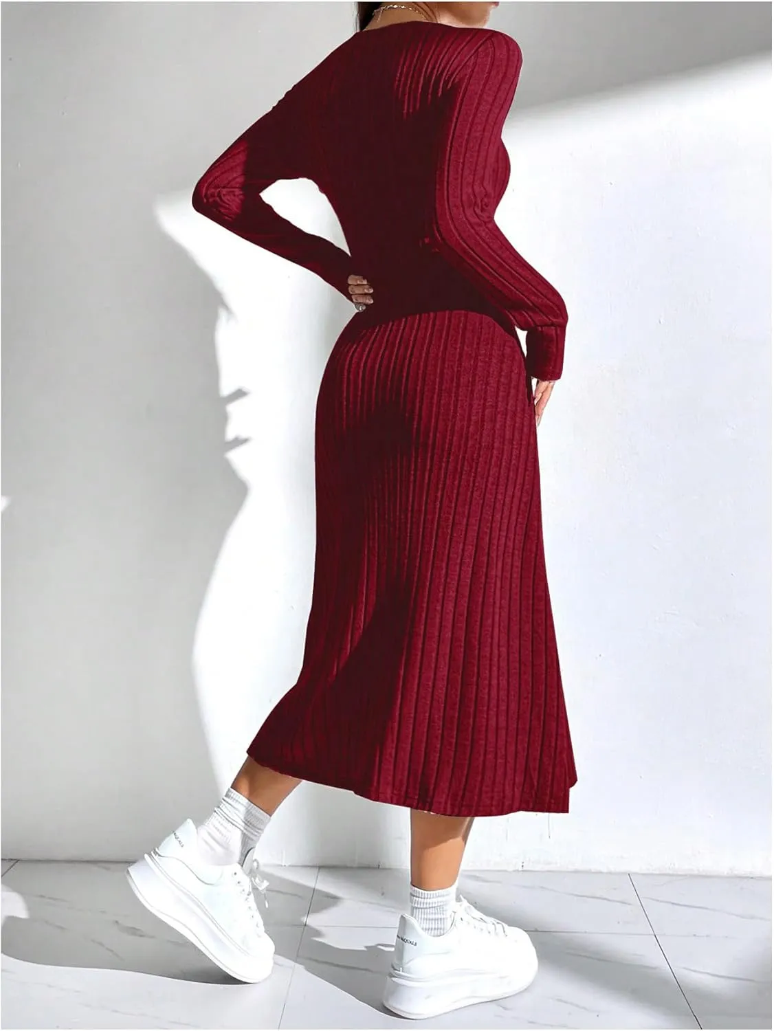 OYOANGLE Women's Square Neck Long Sleeve A Line Sweater Dress Ribbed Knit Solid Midi Dresses