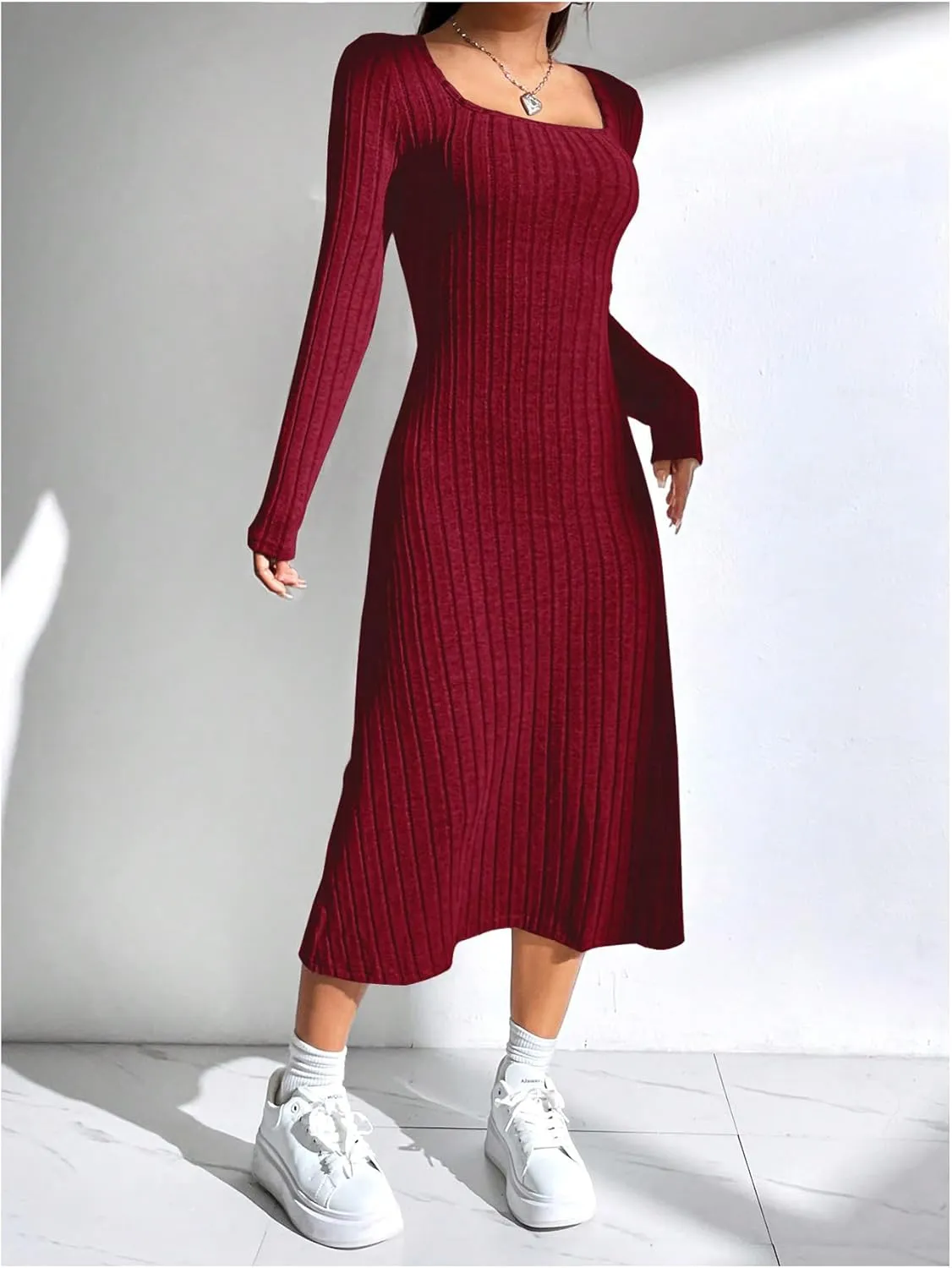OYOANGLE Women's Square Neck Long Sleeve A Line Sweater Dress Ribbed Knit Solid Midi Dresses