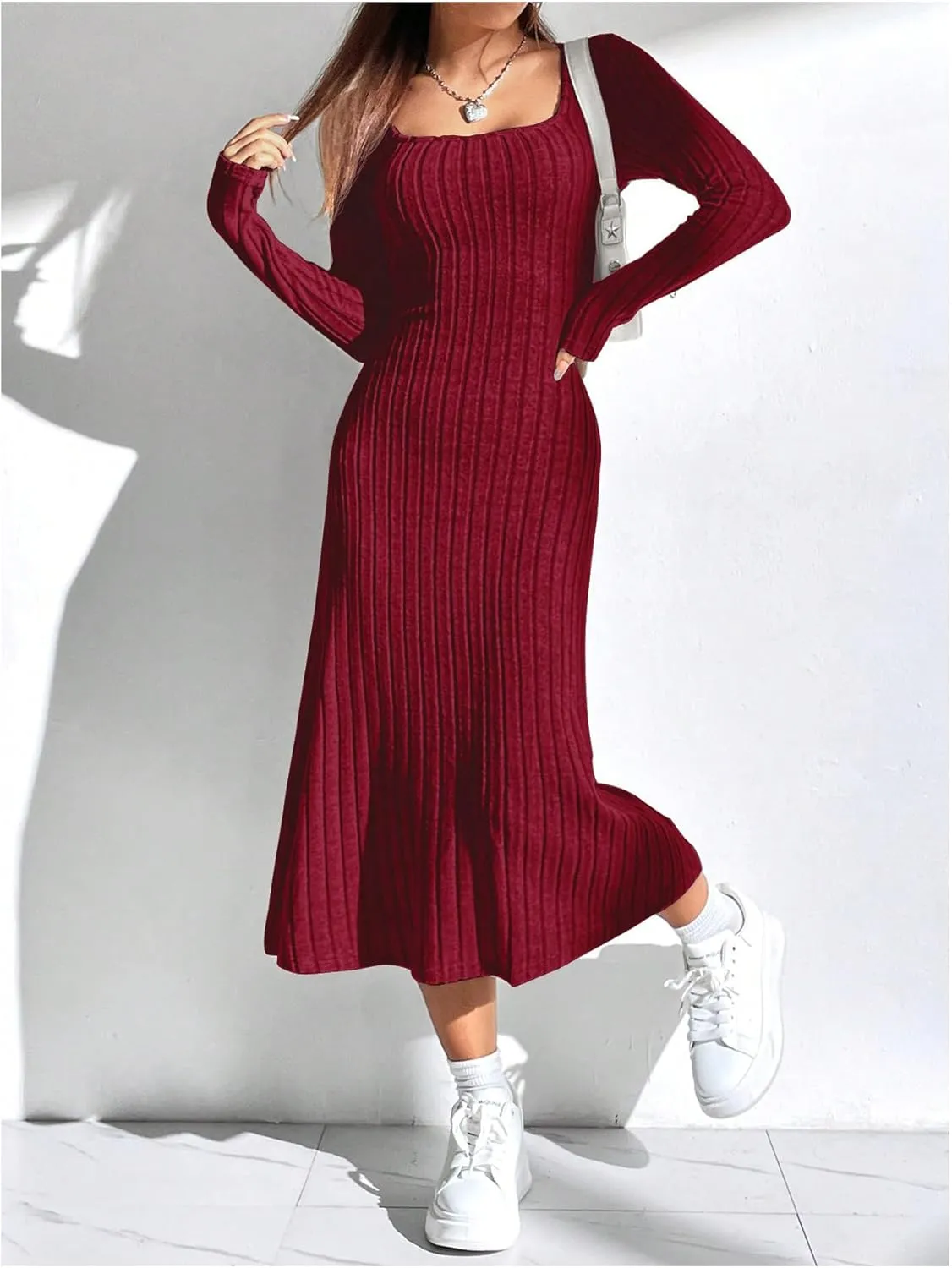 OYOANGLE Women's Square Neck Long Sleeve A Line Sweater Dress Ribbed Knit Solid Midi Dresses
