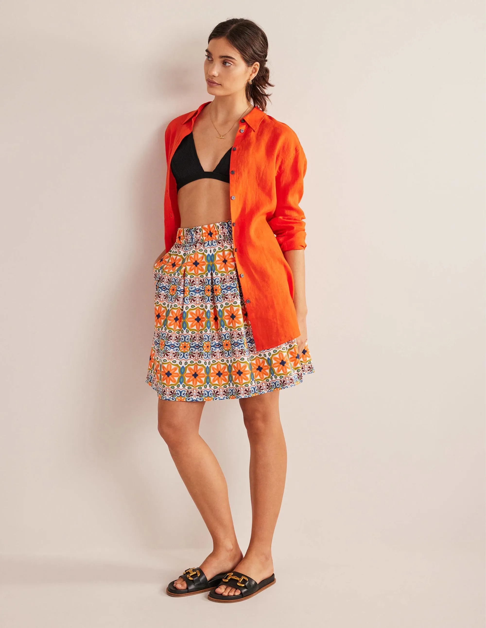 Pleated Cotton Skirt-Multi, Tapestry Stripe