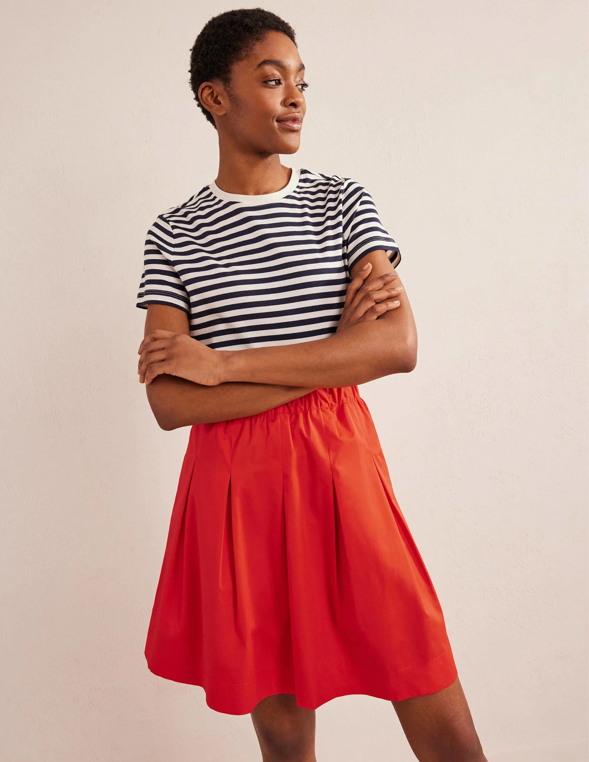 Pleated Cotton Skirt-Vermillion Red