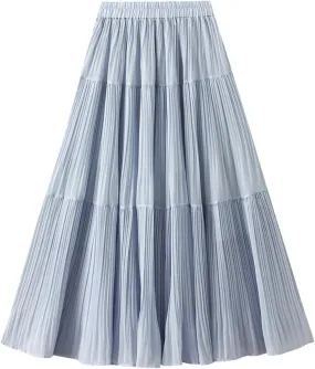 Pleated Midi Skirt for Women High Waist Flowy Long Skirts Casual A-Line Skirt for Daily Outfits