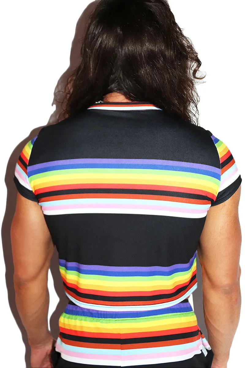 Pride Parade Stripe All Over Print Fitted Crop Tee- Black