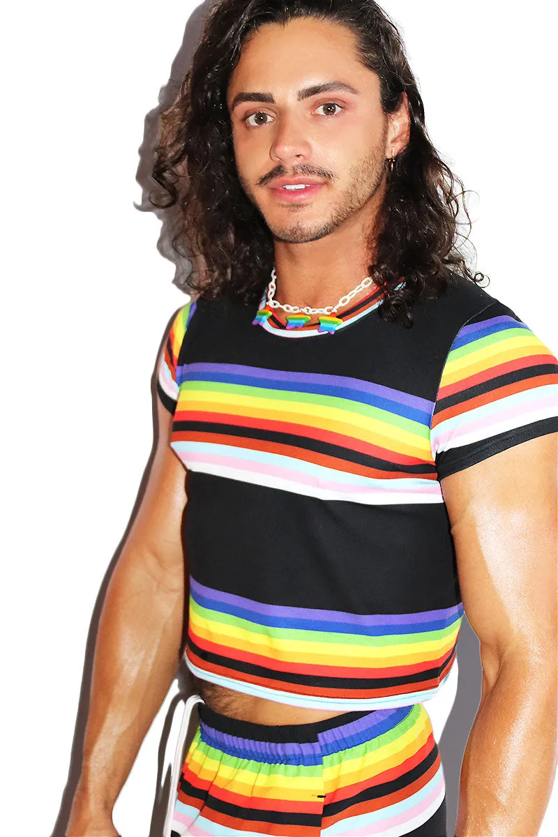 Pride Parade Stripe All Over Print Fitted Crop Tee- Black