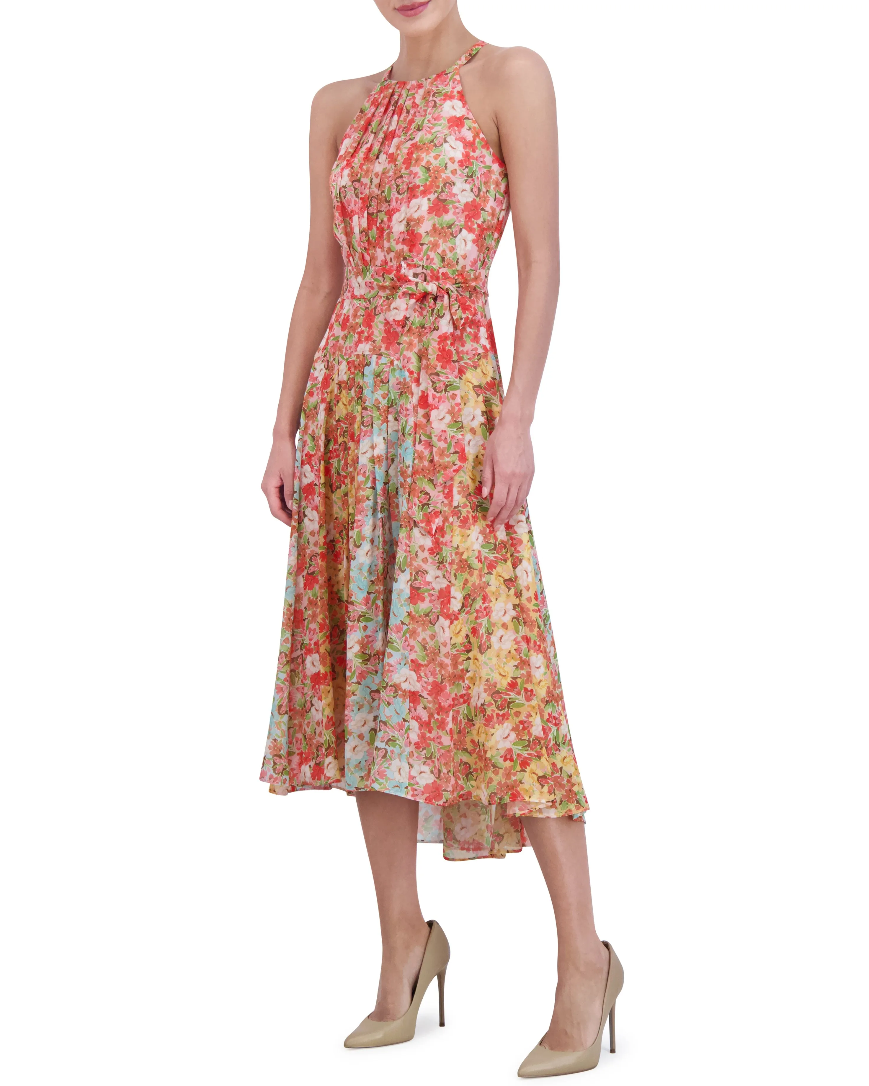 Printed Pleated Chiffon Midi Dress