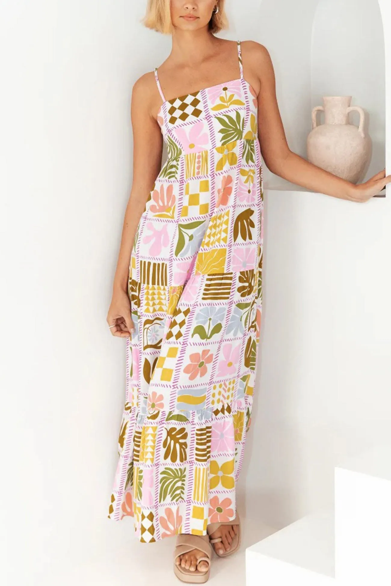 Printed Smocked Cutout Cami Dress