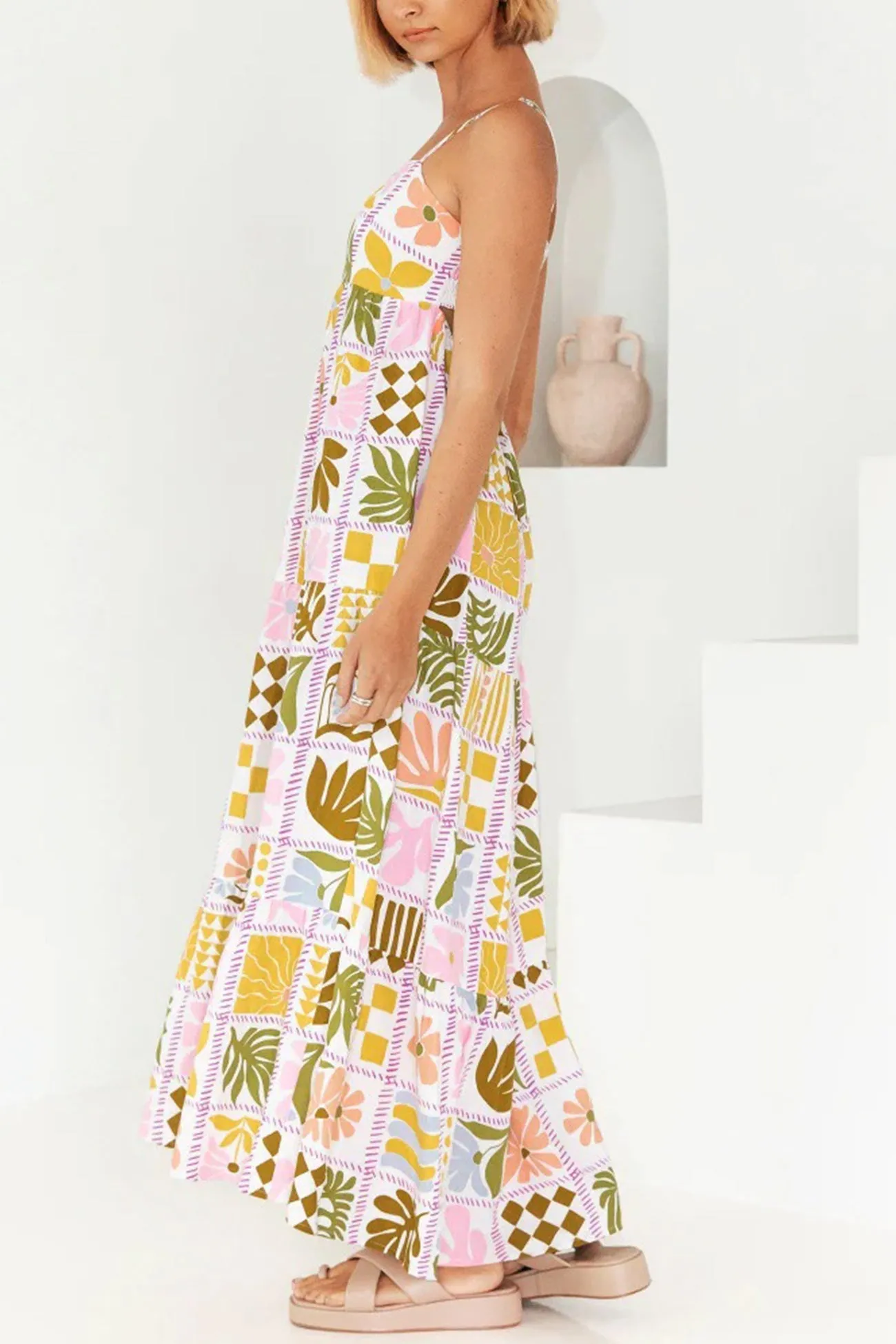 Printed Smocked Cutout Cami Dress