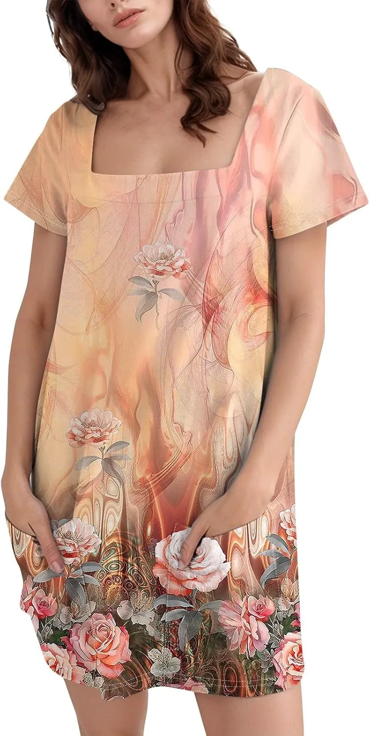 Purple Dress 2025 Novelty Women's Lightweight Solid Dress Elegant Square Neck Short Sleeve Floral Graphic Dress with Pockets