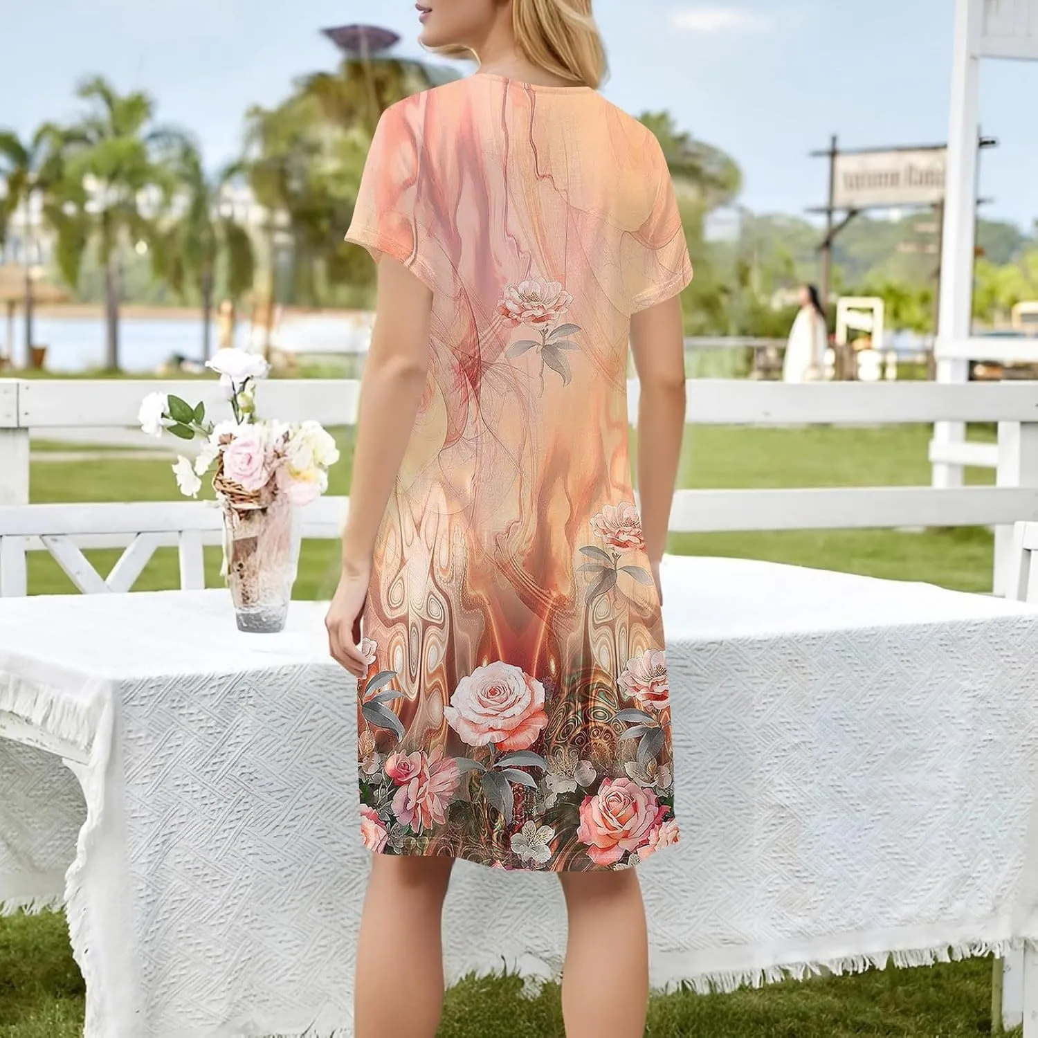 Purple Dress 2025 Novelty Women's Lightweight Solid Dress Elegant Square Neck Short Sleeve Floral Graphic Dress with Pockets