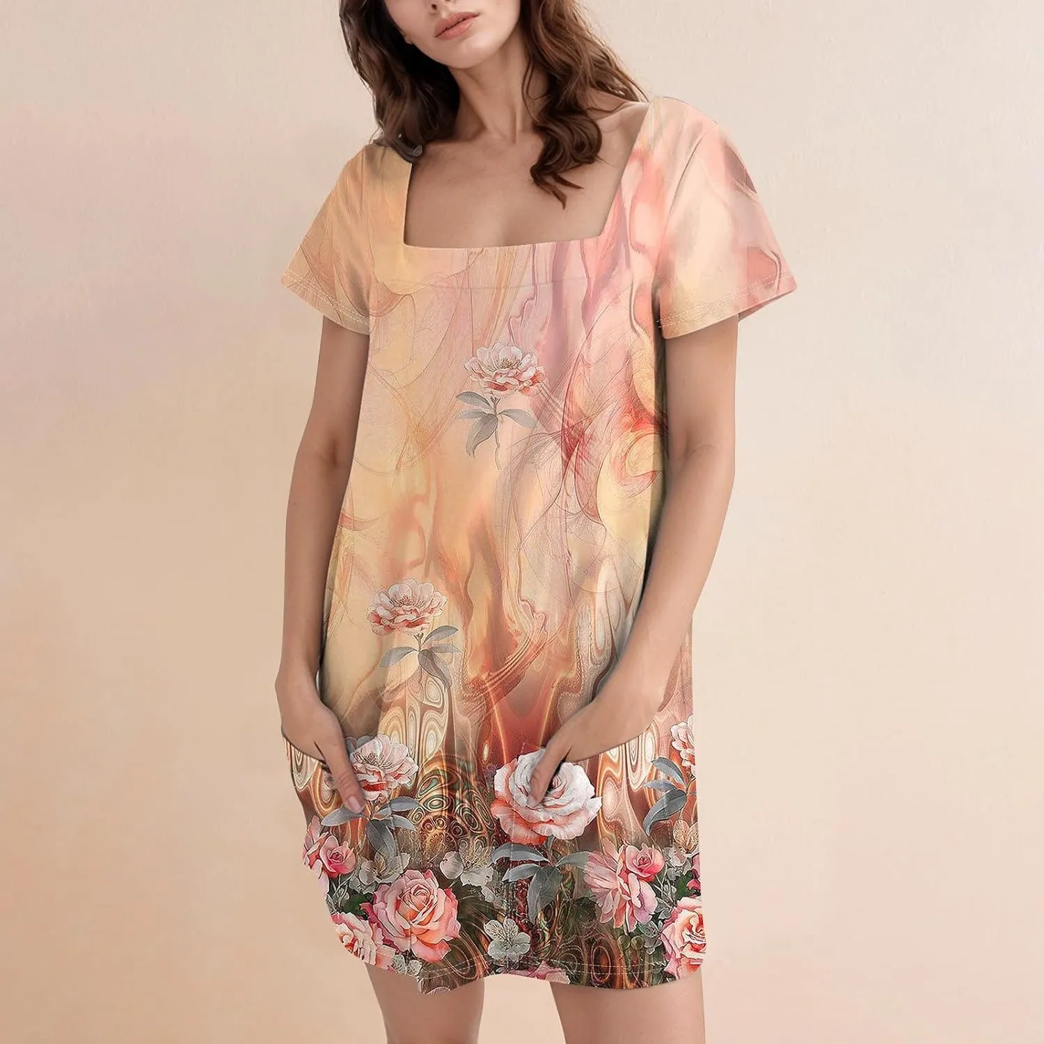 Purple Dress 2025 Novelty Women's Lightweight Solid Dress Elegant Square Neck Short Sleeve Floral Graphic Dress with Pockets