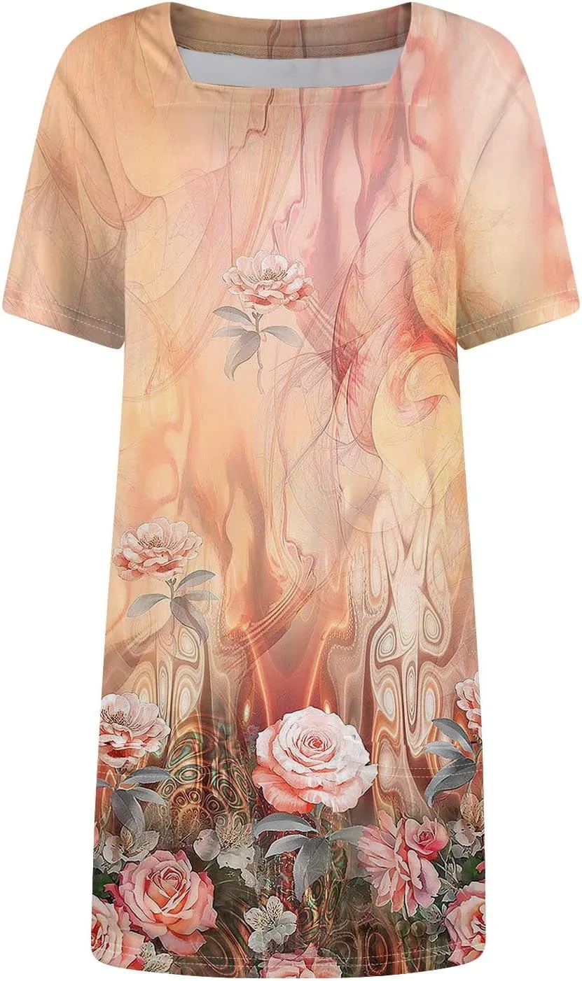 Purple Dress 2025 Novelty Women's Lightweight Solid Dress Elegant Square Neck Short Sleeve Floral Graphic Dress with Pockets