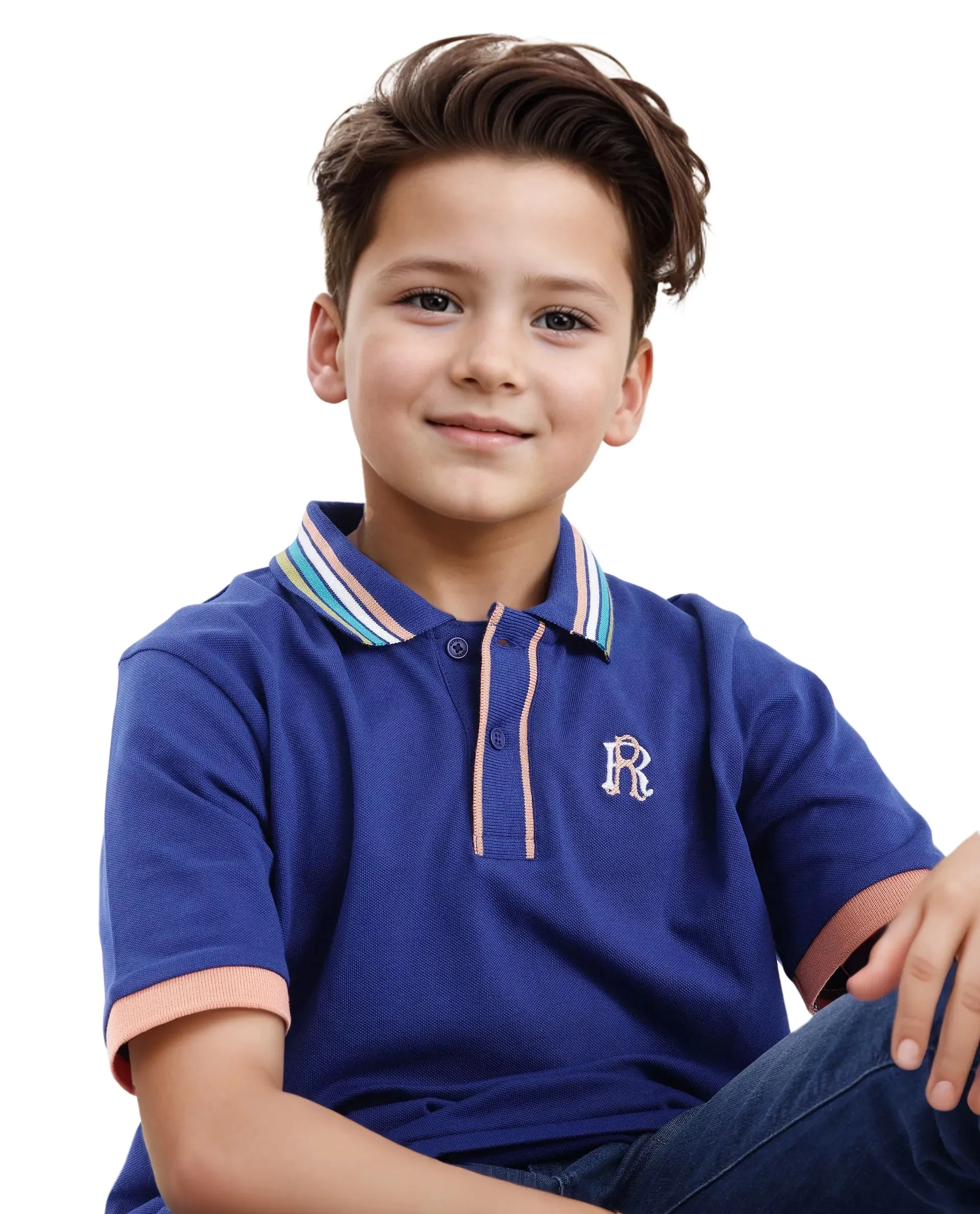 Rare Ones Kids Jef Dark Blue Cotton Short Sleeve Embroidered Polo