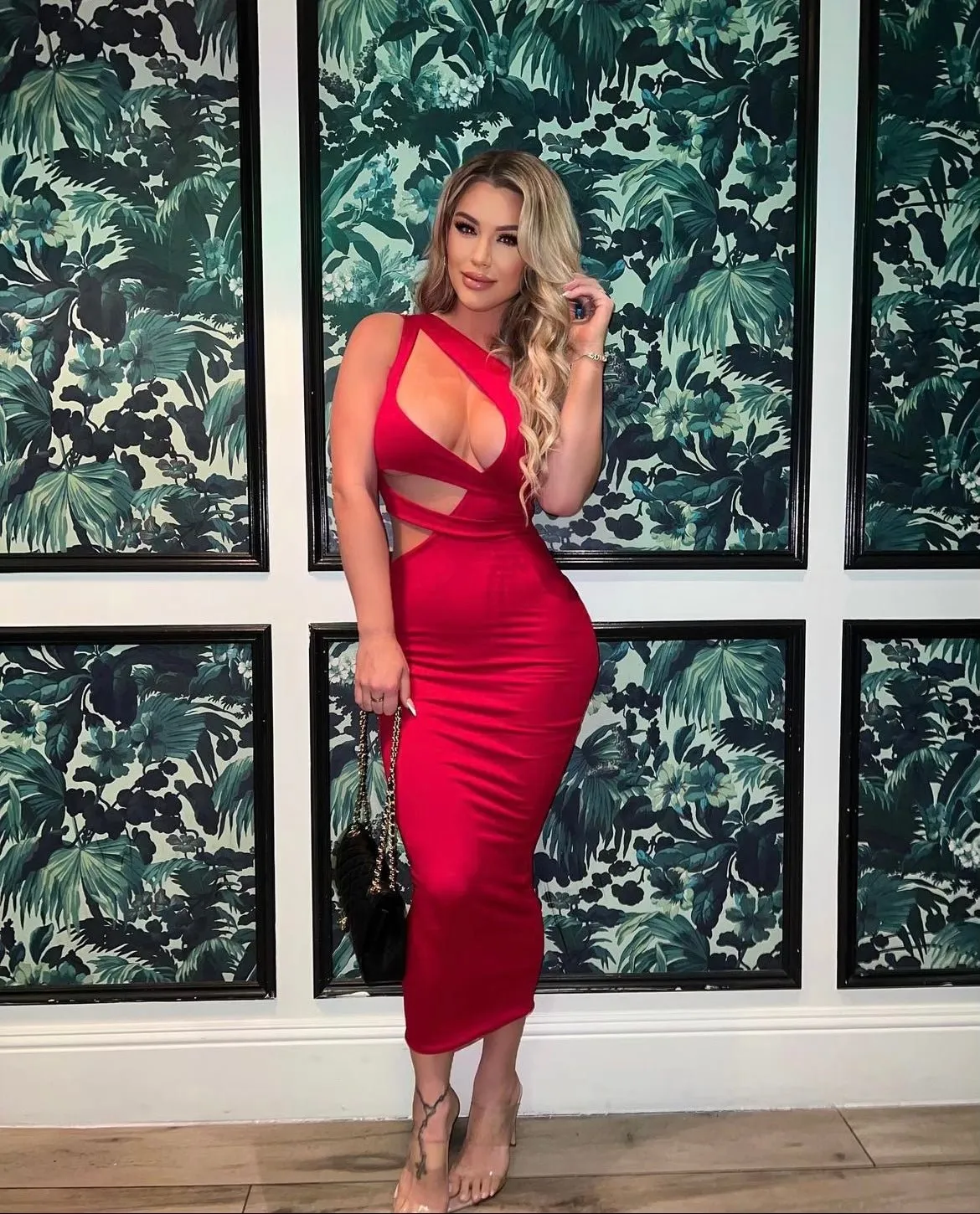 Red One Shoulder Cut Out Midi Dress