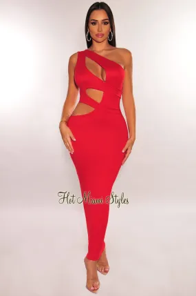 Red One Shoulder Cut Out Midi Dress