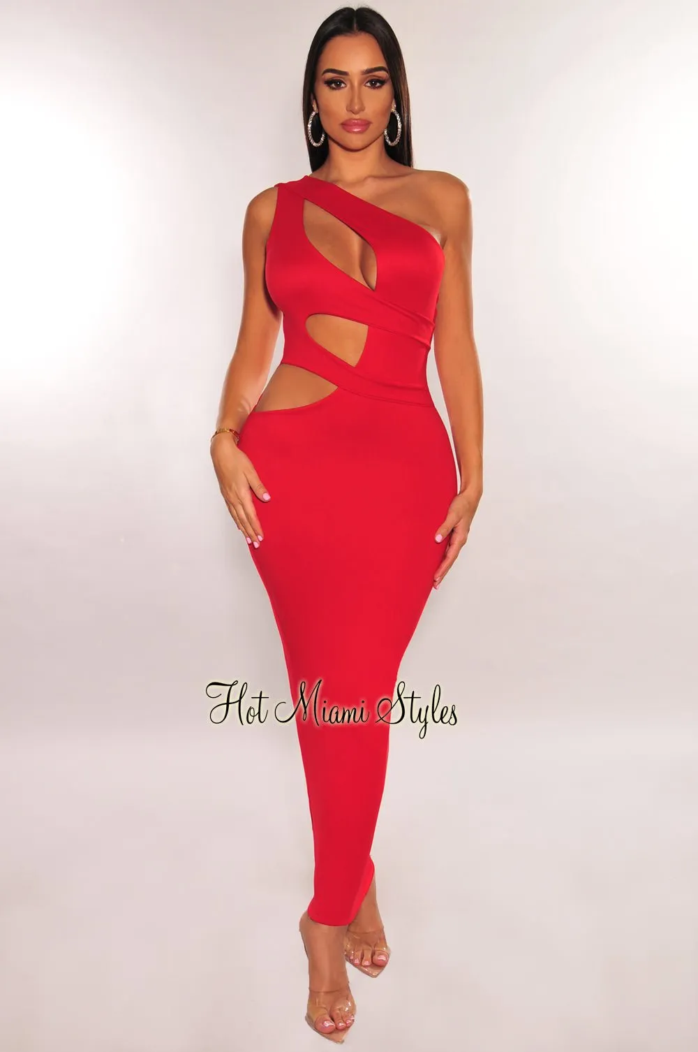 Red One Shoulder Cut Out Midi Dress