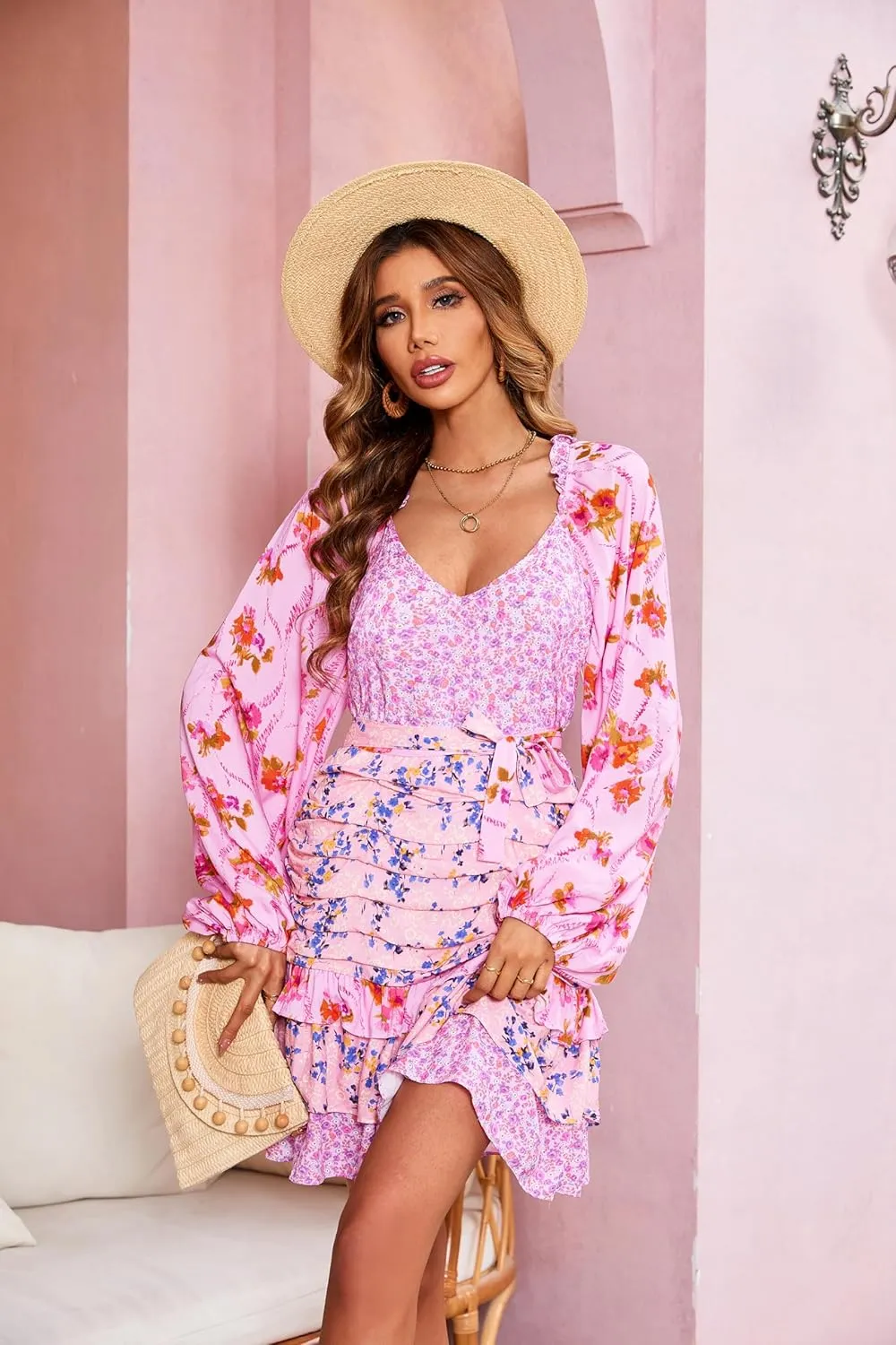 R.Vivimos Women's Summer Long Sleeve Boho Dress V Neck Floral Print Layered Ruffle Patchwork Casual Mini Sun Dress with Belt