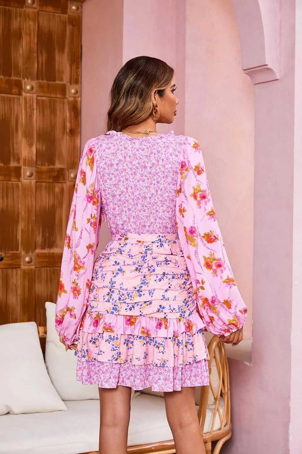 R.Vivimos Women's Summer Long Sleeve Boho Dress V Neck Floral Print Layered Ruffle Patchwork Casual Mini Sun Dress with Belt