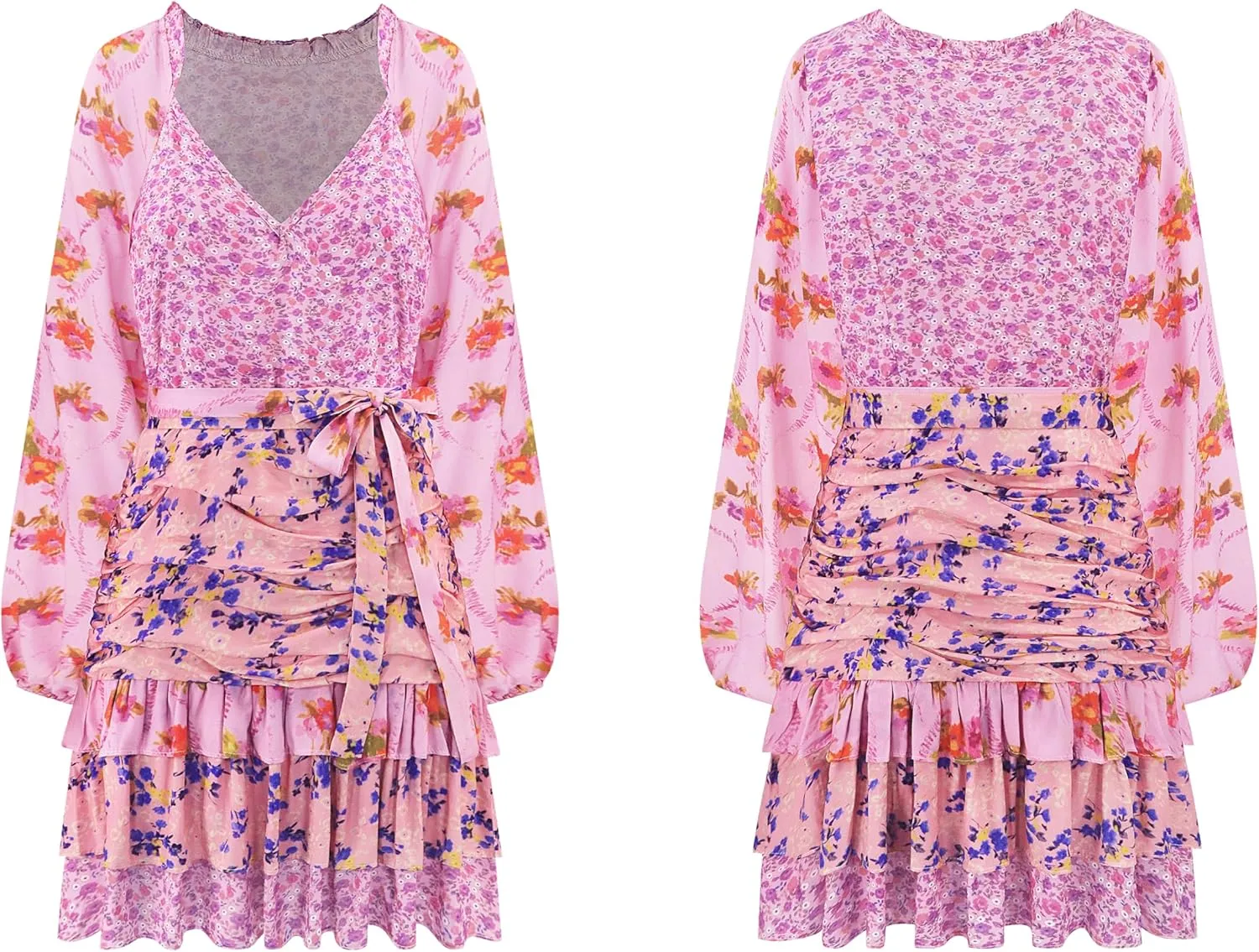R.Vivimos Women's Summer Long Sleeve Boho Dress V Neck Floral Print Layered Ruffle Patchwork Casual Mini Sun Dress with Belt