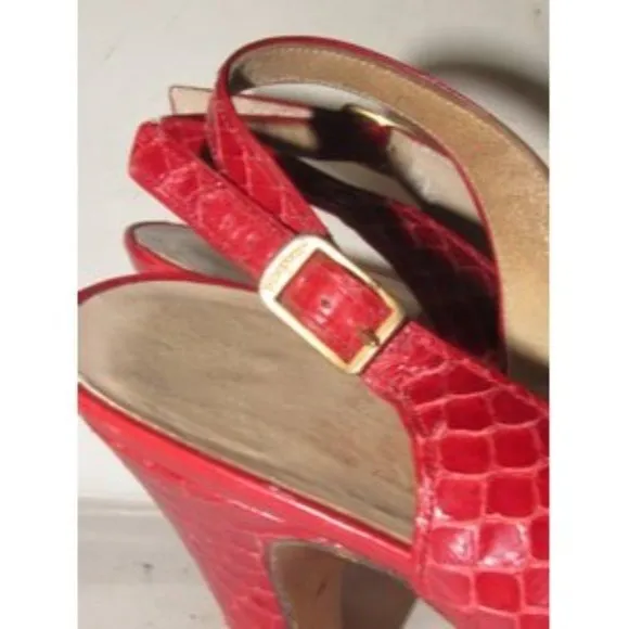 Salvatore Ferragamo Red Snakeskin Leather D'Orsay Sandals