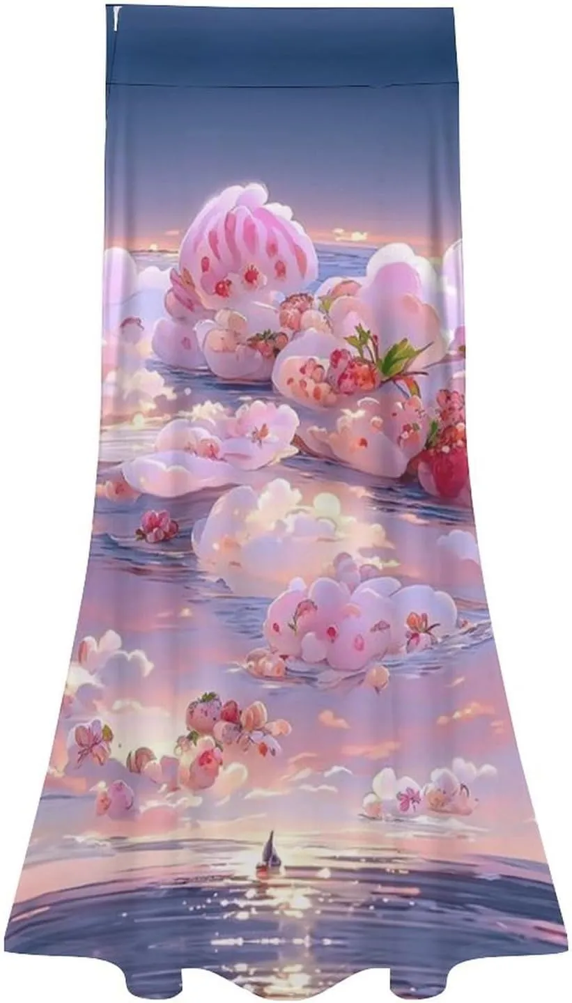 Seductive Pink Floral Thai Style Maxi Skirt High Waist Invisible Zip Ruffle Swing Spring Skirt