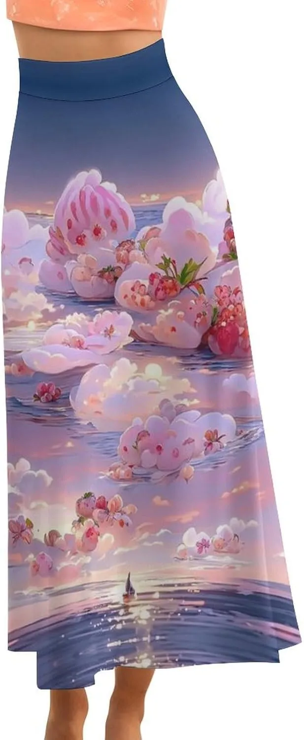 Seductive Pink Floral Thai Style Maxi Skirt High Waist Invisible Zip Ruffle Swing Spring Skirt