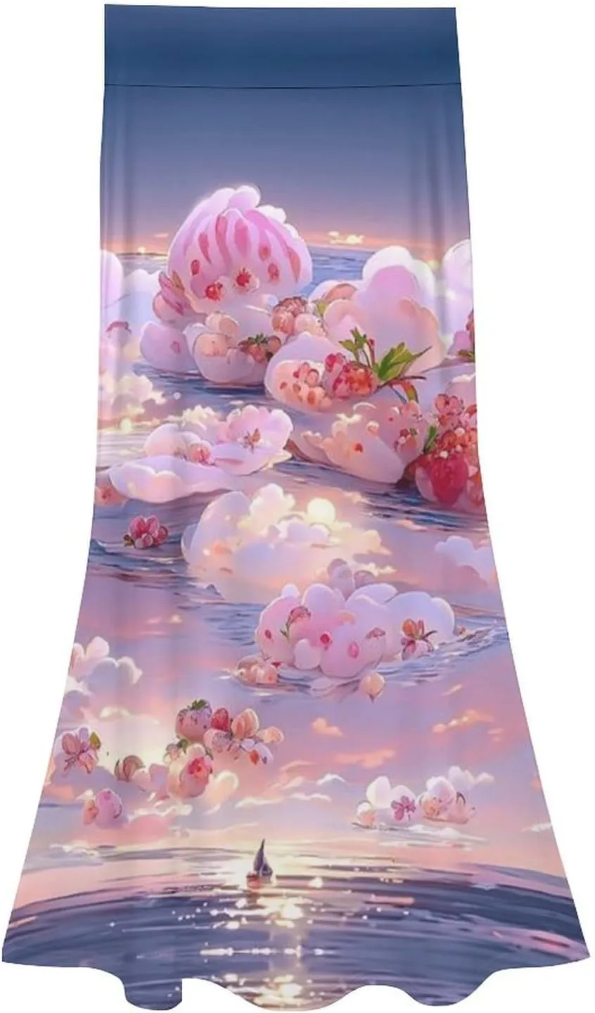 Seductive Pink Floral Thai Style Maxi Skirt High Waist Invisible Zip Ruffle Swing Spring Skirt