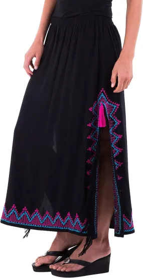 SHU-SHI Womens Long Skirt Embroidered Boho Maxi with Side Slits