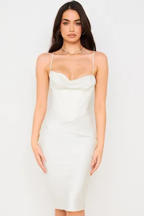 Silky Cowl Neck Corset Satin Midi Cocktail Dress - White