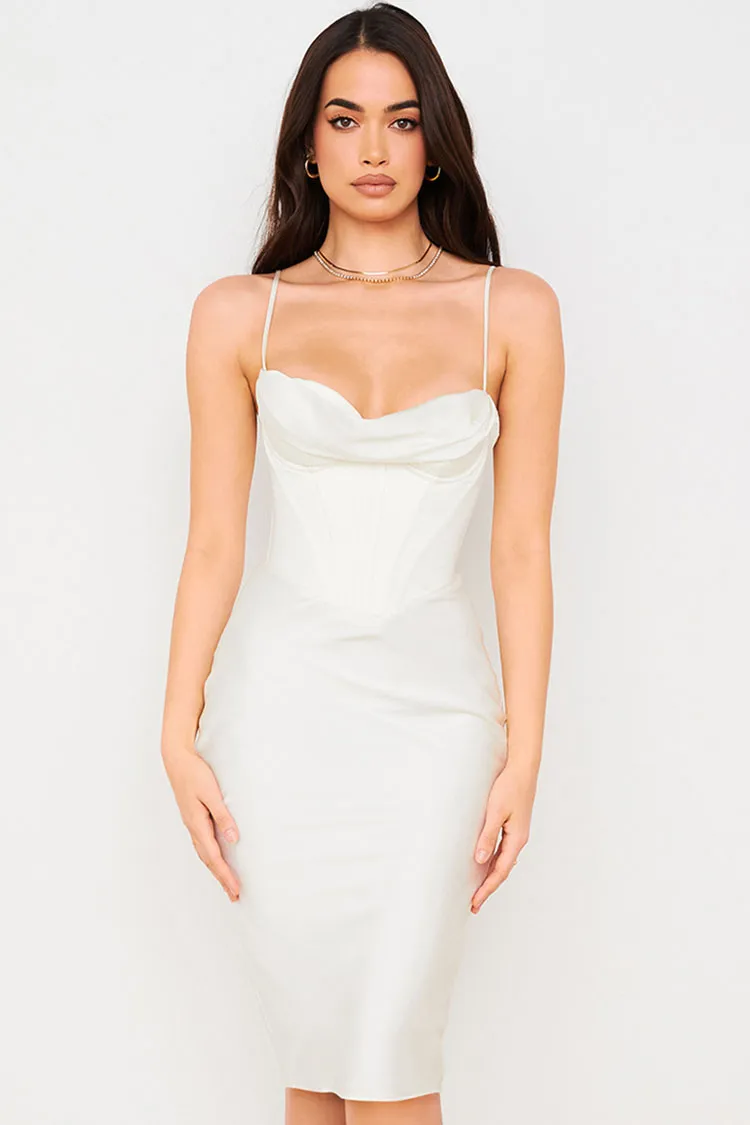 Silky Cowl Neck Corset Satin Midi Cocktail Dress - White