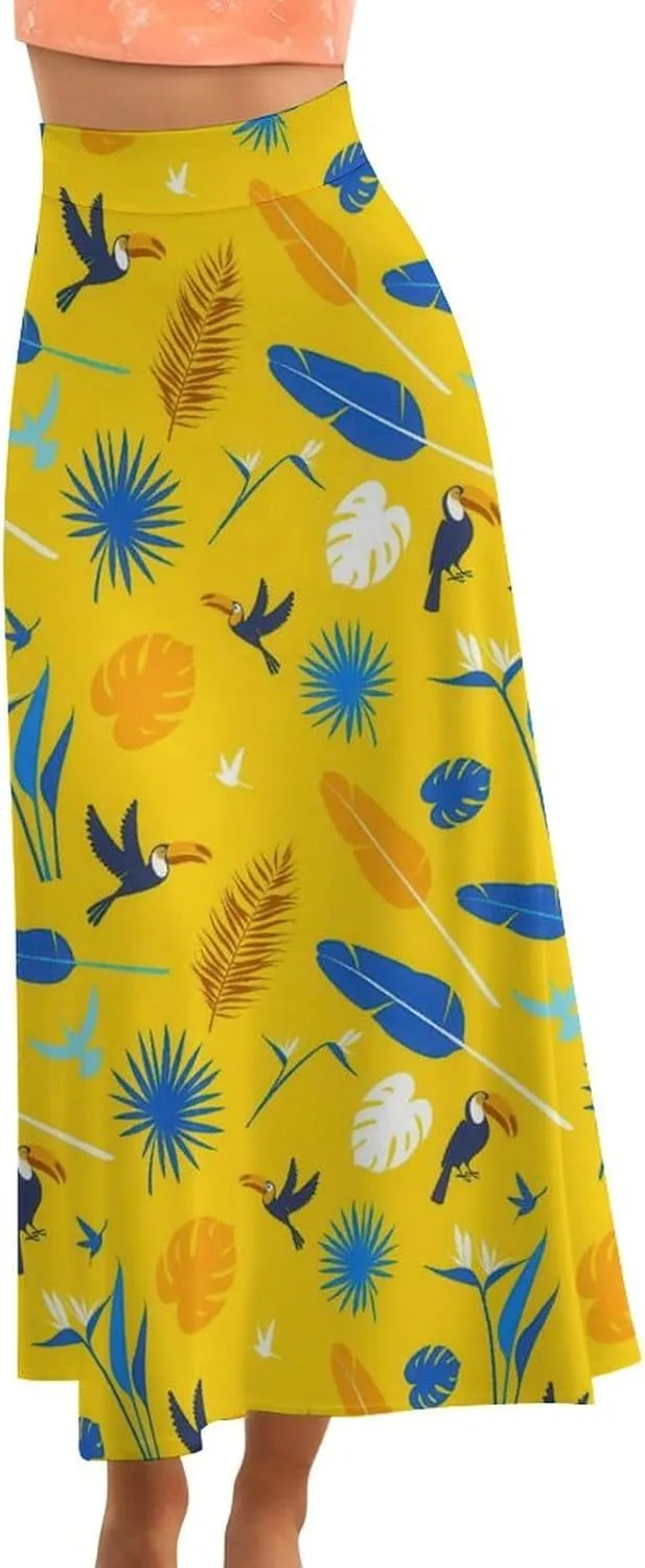 Simple Birds Plume Thai Style Maxi Skirts High Waist Hidden Zip Ruffled Flowy Mini Club Skirt