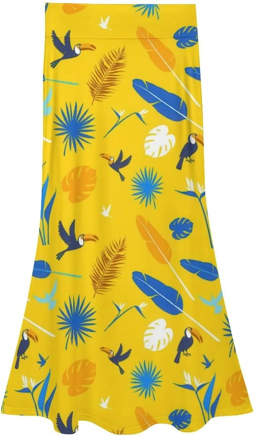 Simple Birds Plume Thai Style Maxi Skirts High Waist Hidden Zip Ruffled Flowy Mini Club Skirt