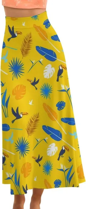 Simple Birds Plume Thai Style Maxi Skirts High Waist Hidden Zip Ruffled Flowy Mini Club Skirt