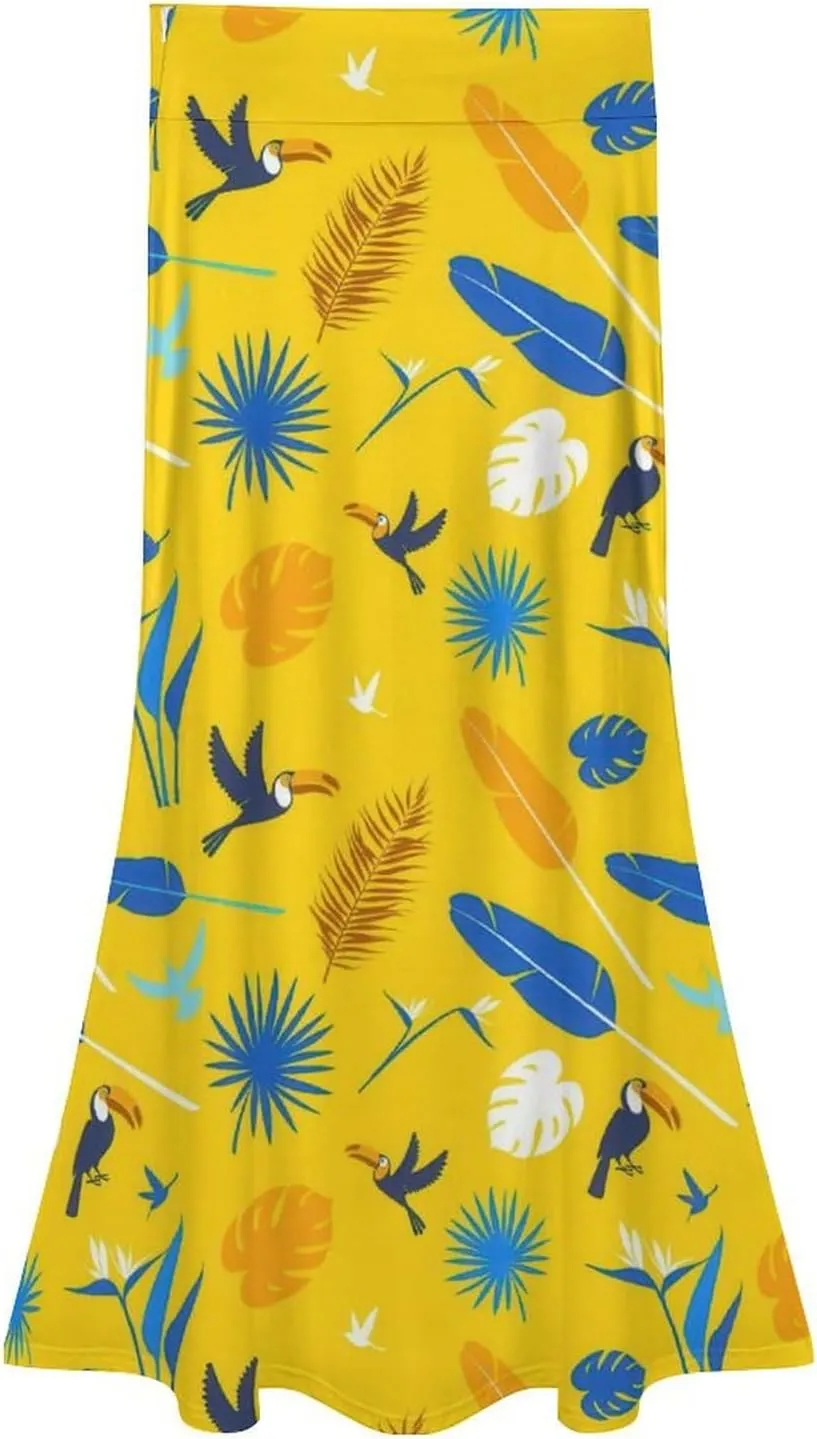 Simple Birds Plume Thai Style Maxi Skirts High Waist Hidden Zip Ruffled Flowy Mini Club Skirt