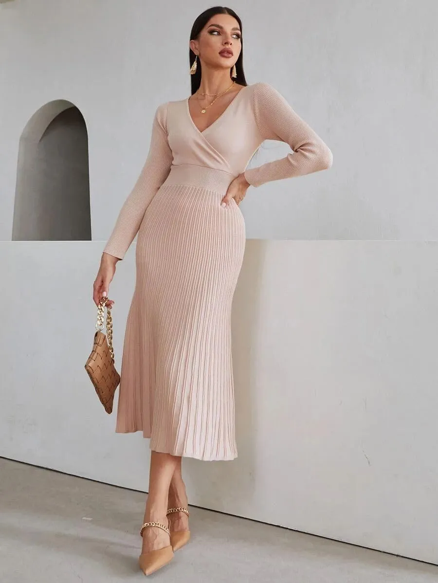 SISKIN Fall Dress & Sweater - V Neck, Long Sleeve, Elegant Wrap Dress