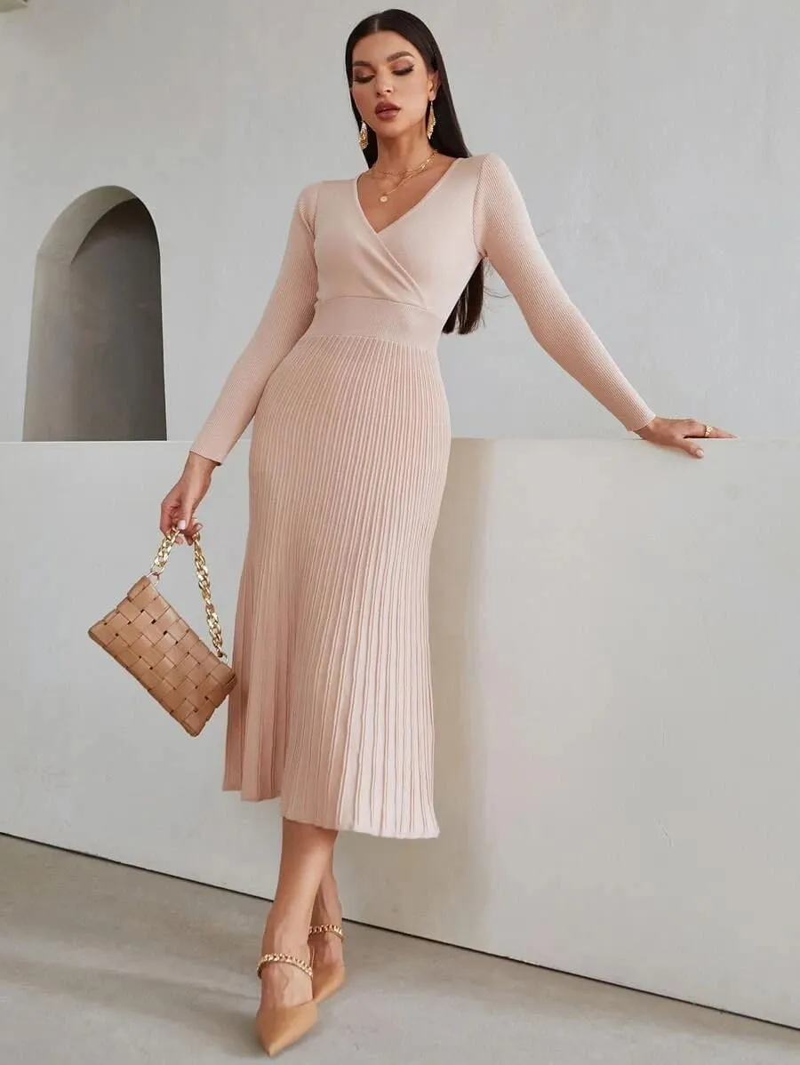 SISKIN Fall Dress & Sweater - V Neck, Long Sleeve, Elegant Wrap Dress