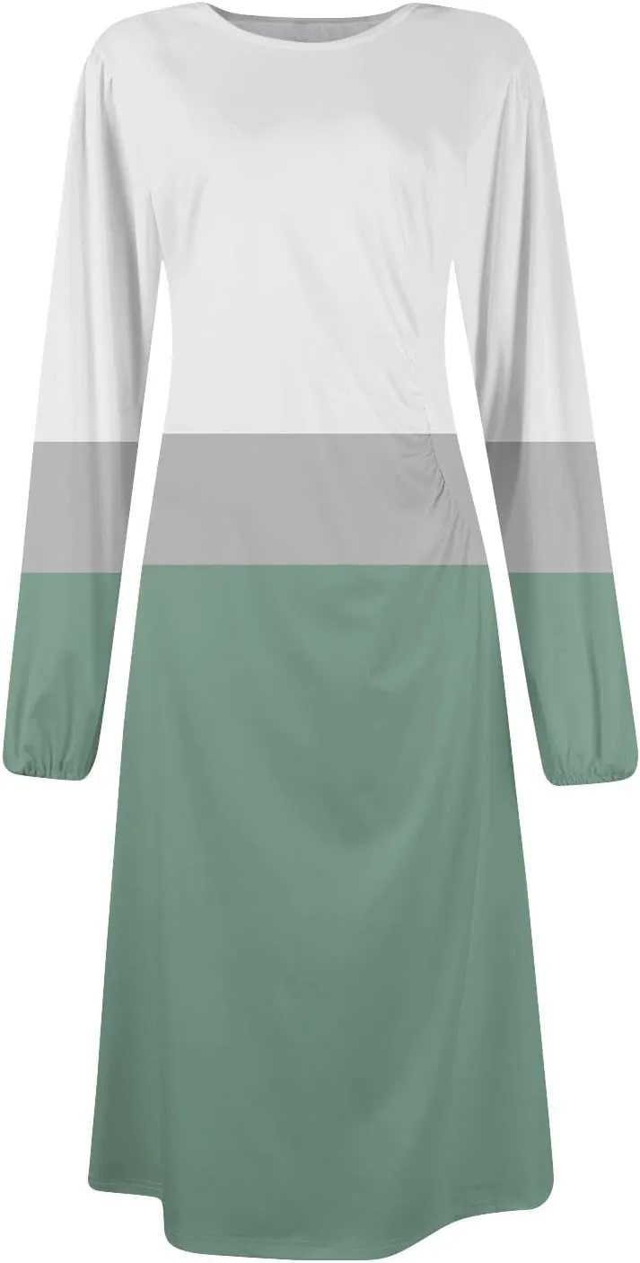 Spring Dresses for Women 2025 Long Sleeve Midi O Neck Trendy Flowy Vacation Boho Office Curvy Dress