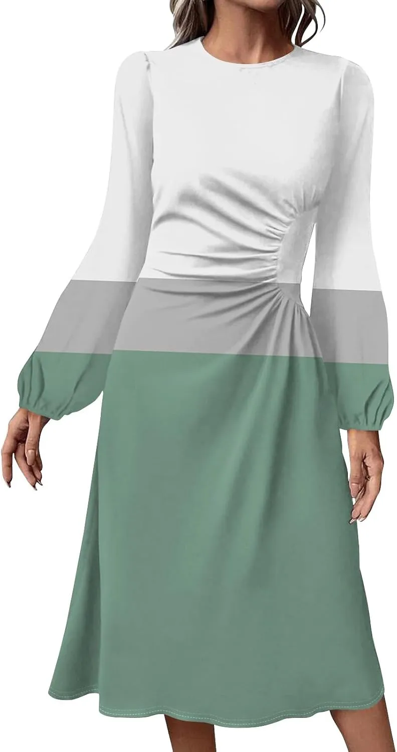 Spring Dresses for Women 2025 Long Sleeve Midi O Neck Trendy Flowy Vacation Boho Office Curvy Dress