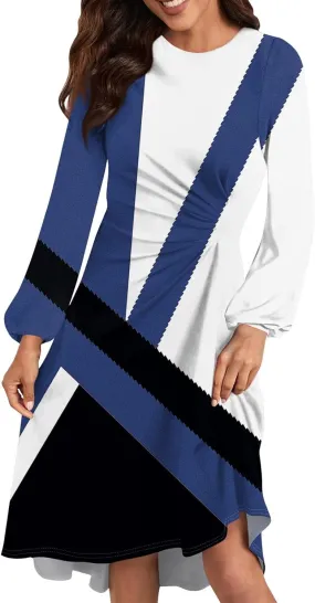 Spring Dresses for Women 2025 Midi O Neck Long Sleeve Ladies Summer Trendy Flowy Holiday Dressy Dress