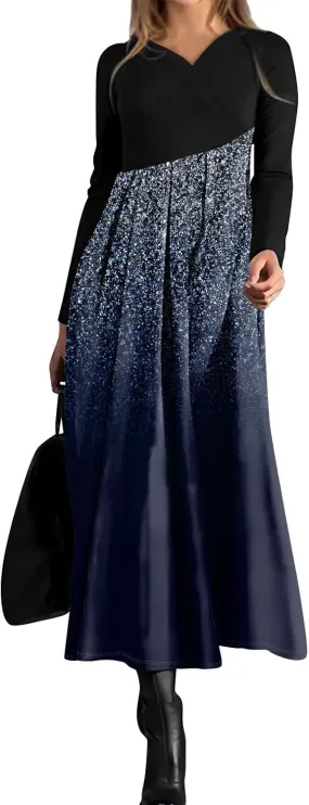 Spring Dresses for Women 2025 V Neck Midi Long Sleeve Modest Ladies Flowy Trendy Cruise Holiday Dress