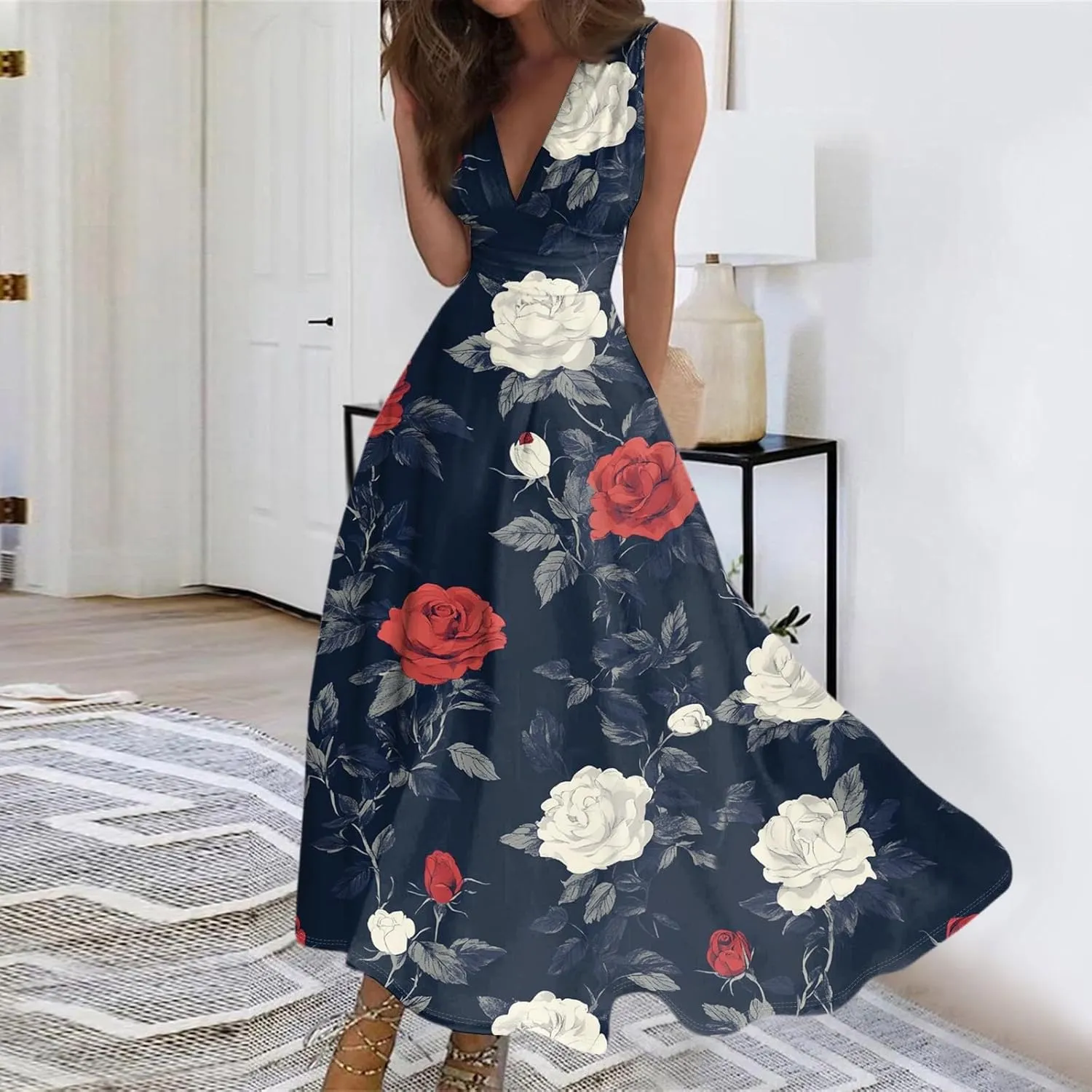 Spring Womens Dresses, Beach 2025 Vacation V-Neck Floral Bohemian Long Sundress