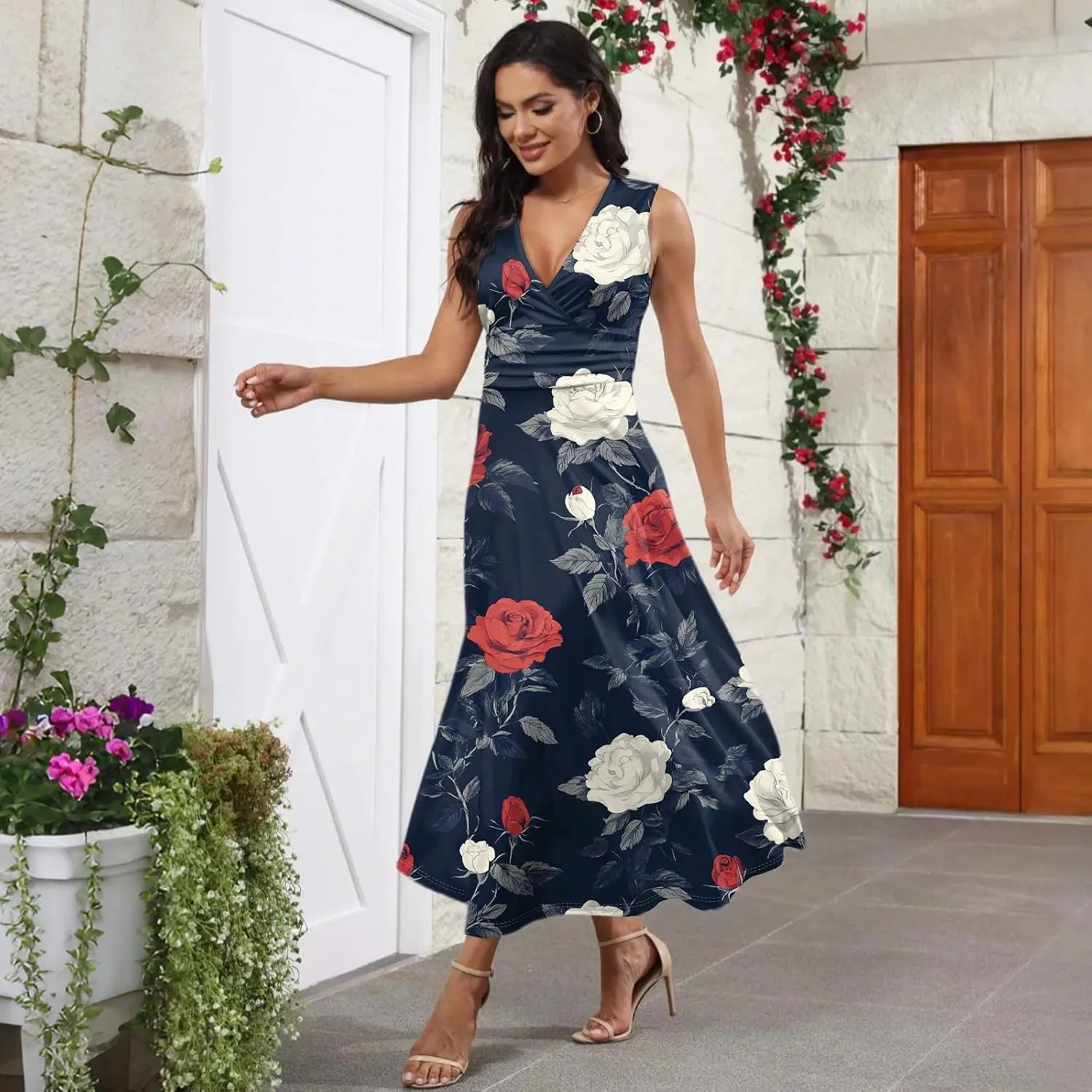 Spring Womens Dresses, Beach 2025 Vacation V-Neck Floral Bohemian Long Sundress