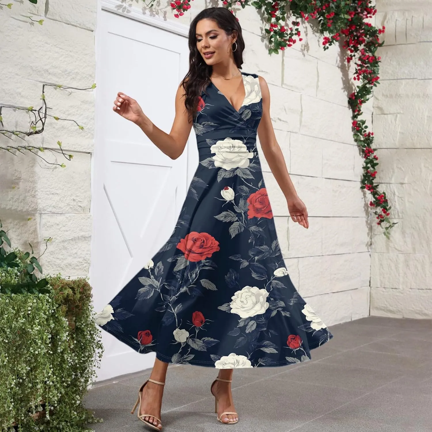 Spring Womens Dresses, Beach 2025 Vacation V-Neck Floral Bohemian Long Sundress