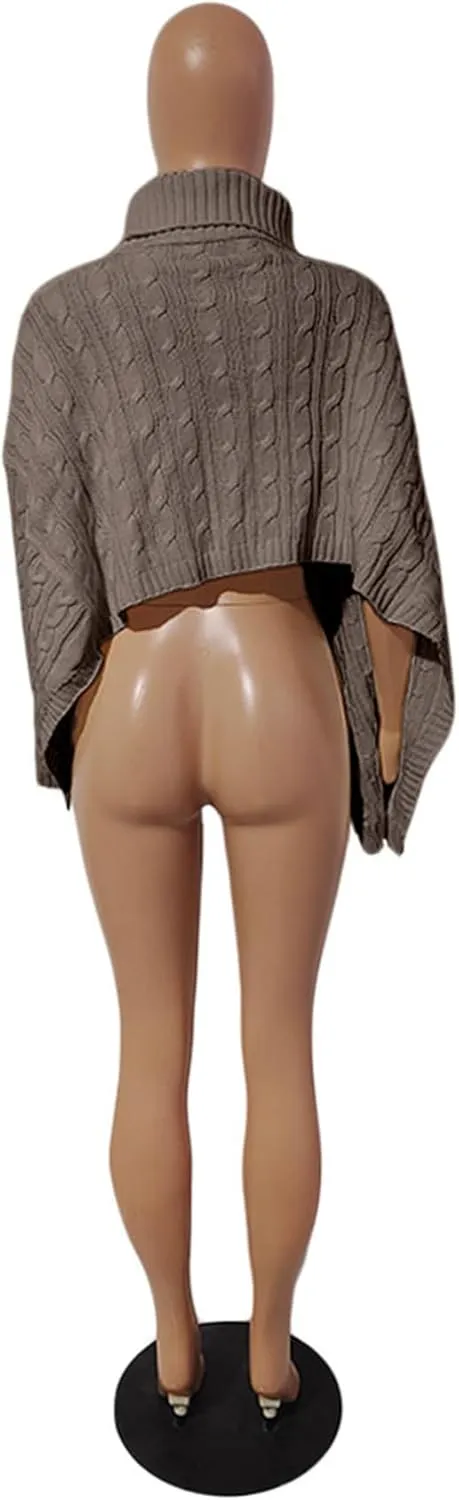 Tcremisa Women's Chic Turtleneck Poncho Sweater Cape Loose Casual Batwing Long Sleeve Cable Knit Pullover Tops