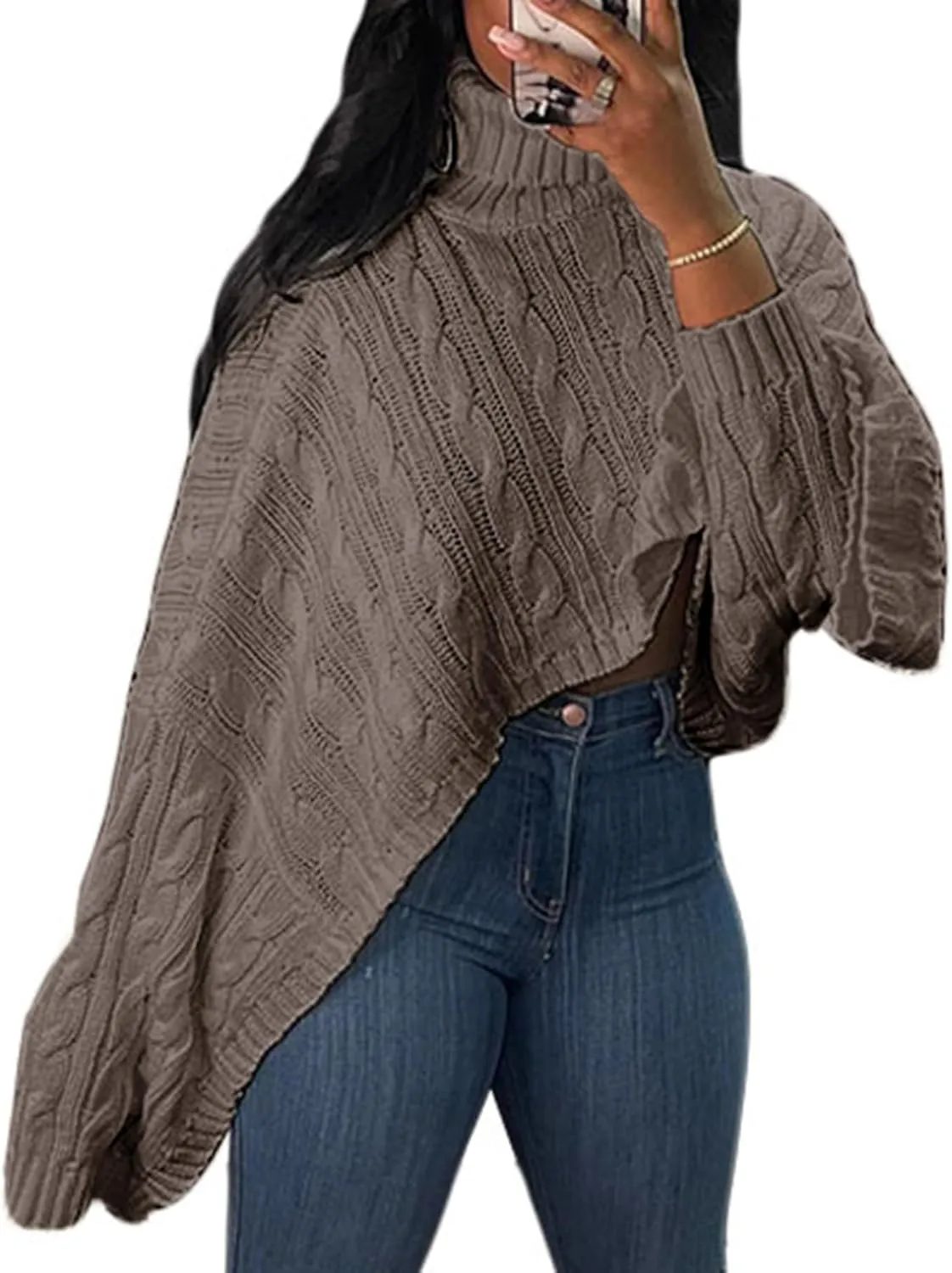 Tcremisa Women's Chic Turtleneck Poncho Sweater Cape Loose Casual Batwing Long Sleeve Cable Knit Pullover Tops