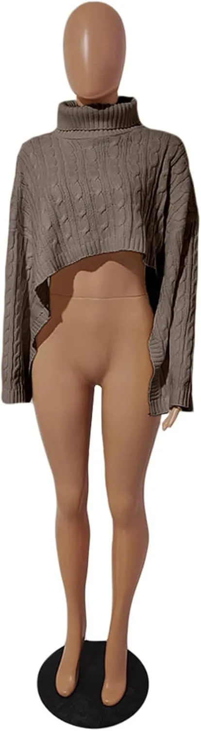 Tcremisa Women's Chic Turtleneck Poncho Sweater Cape Loose Casual Batwing Long Sleeve Cable Knit Pullover Tops