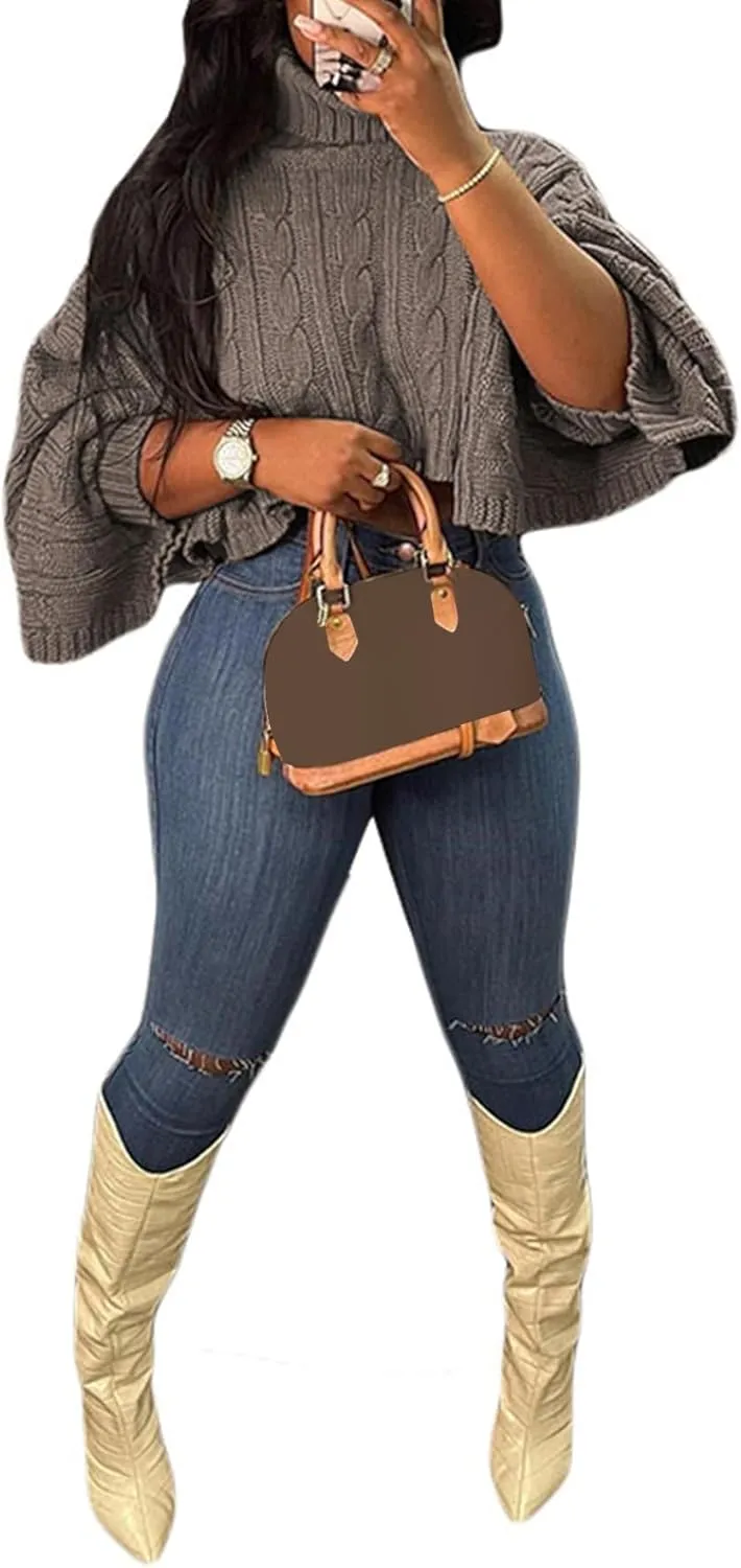 Tcremisa Women's Chic Turtleneck Poncho Sweater Cape Loose Casual Batwing Long Sleeve Cable Knit Pullover Tops