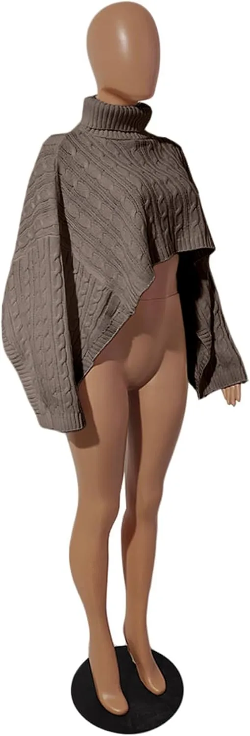 Tcremisa Women's Chic Turtleneck Poncho Sweater Cape Loose Casual Batwing Long Sleeve Cable Knit Pullover Tops