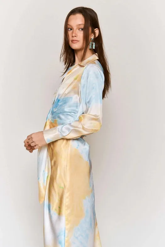 Tie Dye Button Down Waist Tie Satin Midi Dress LEMON BLUE COMBO