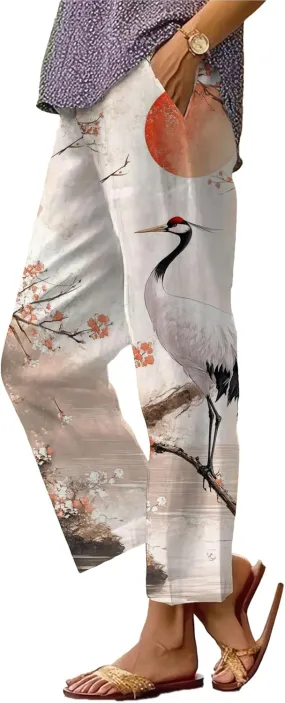 Trendy Pants for Women 2025 Plus Size Lightweight Elastic Waist Breathable Casual Beach Trousers with Pocket